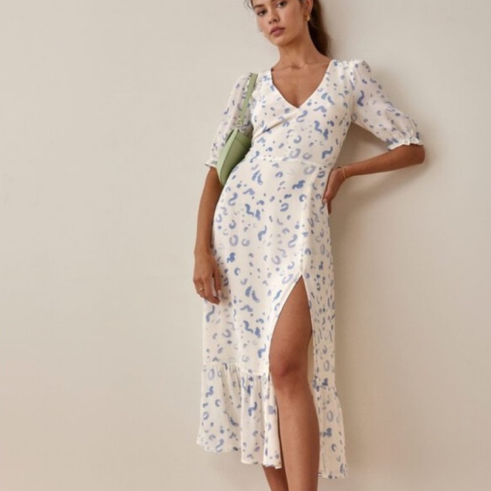 reformation nantes dress in marc abstract print